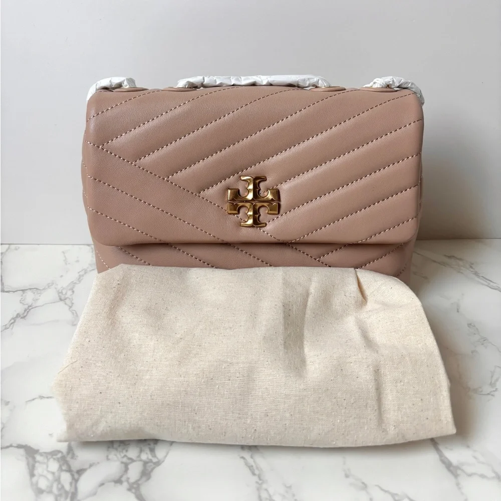 New Tory Burch Kira Chevron Small Leather Shoulder Bag Beige Neutral